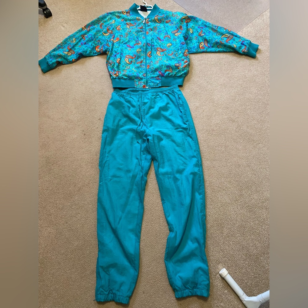 Blue and Green Track Pants with Elastic Waist and Glossy Finish